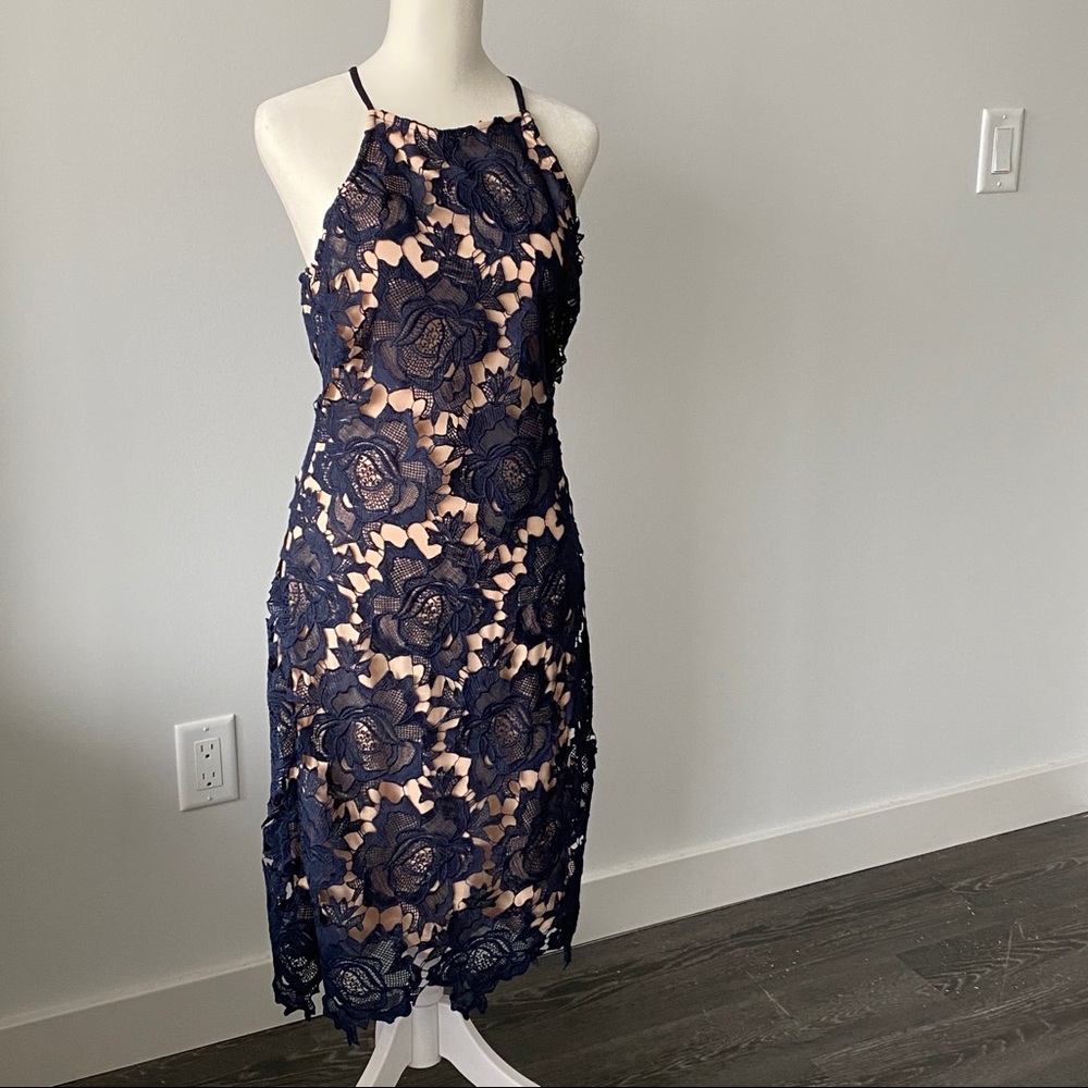 AKIRA Blue Floral Lace Dress Midi